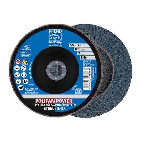 Pferd 7" x 7/8" A.H. POLIFAN Flap Disc - Z SG POWER STEELOX, Zirconia, 60 Grit, Conical 62229